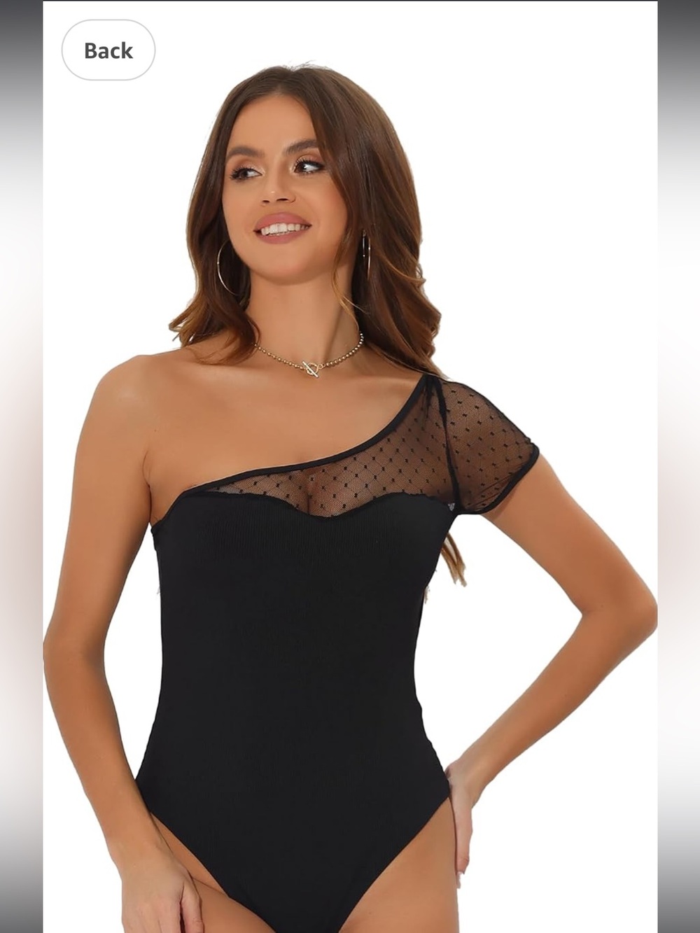 Allegra K Black One-Shoulder Mesh Dot Bodysuit